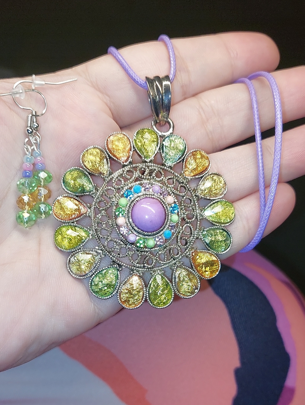 Purple Center Multicolor Sunburst Pendant Necklace With Earrings- Women Jewelry